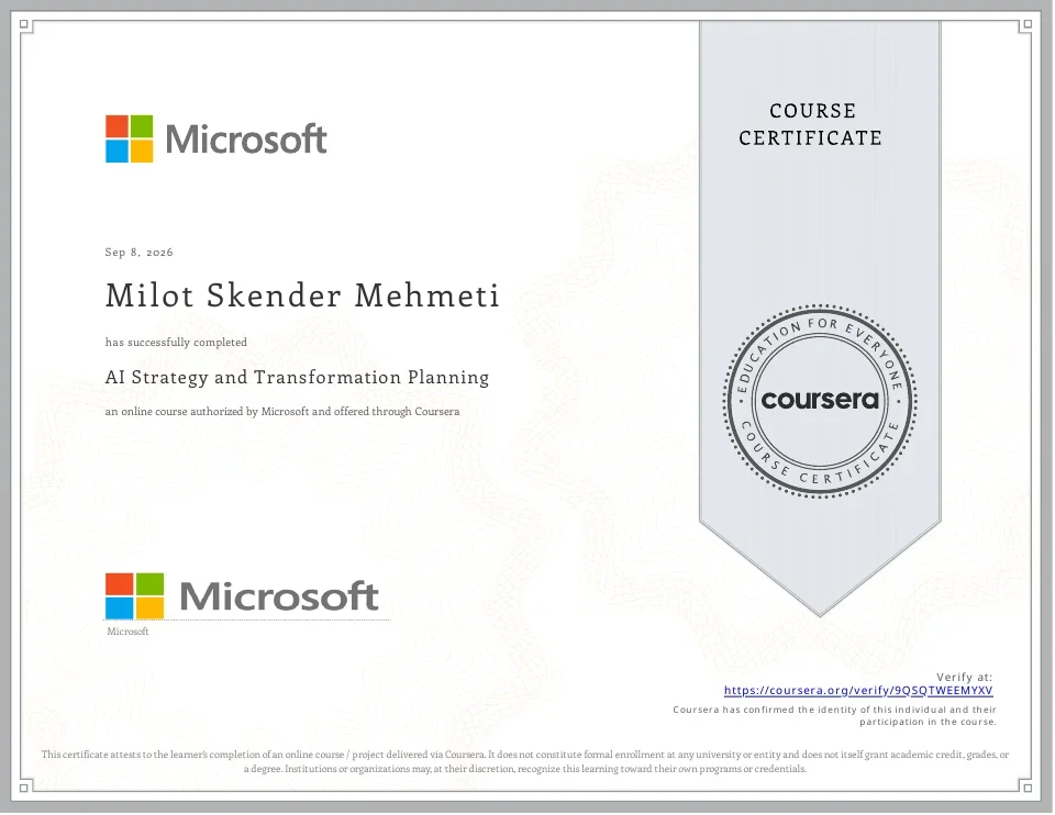 Original course certificate for AI Strategy and Transformation Planning, awarded to Milot Skender Mehmeti