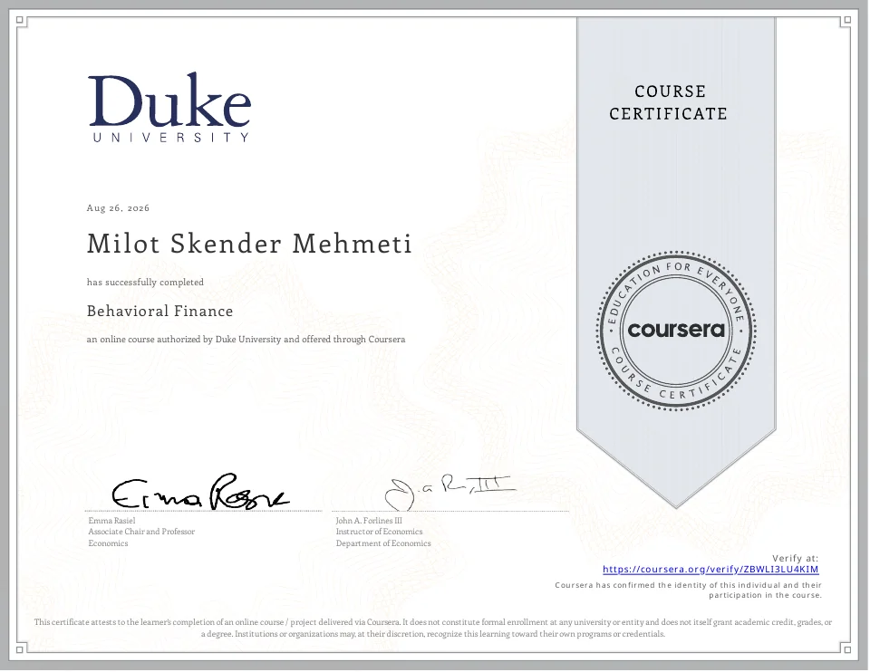Original course certificate: Behavioral Finance