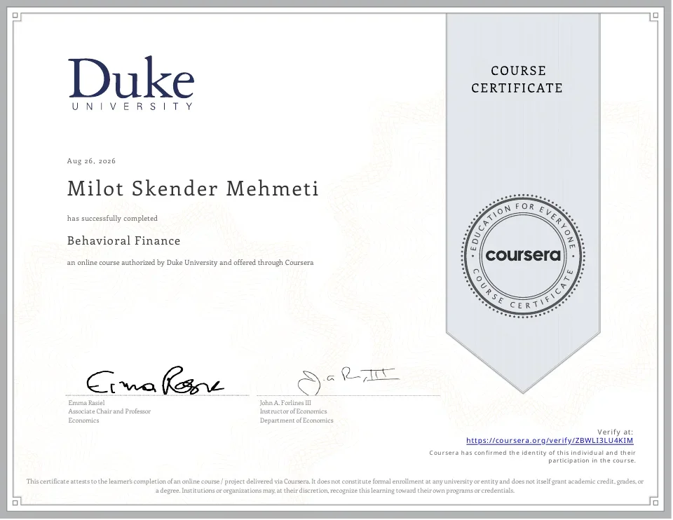 Original course certificate for Behavioral Finance, awarded to Milot Skender Mehmeti