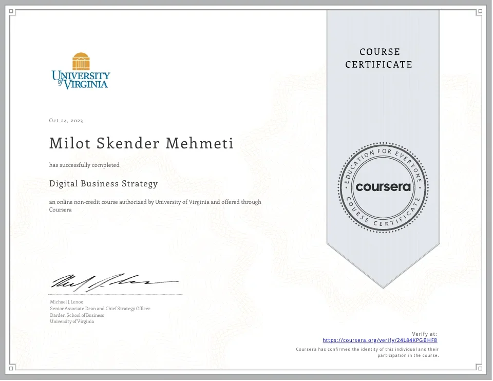 Original course certificate for Digital Business Strategy, awarded to Milot Skender Mehmeti