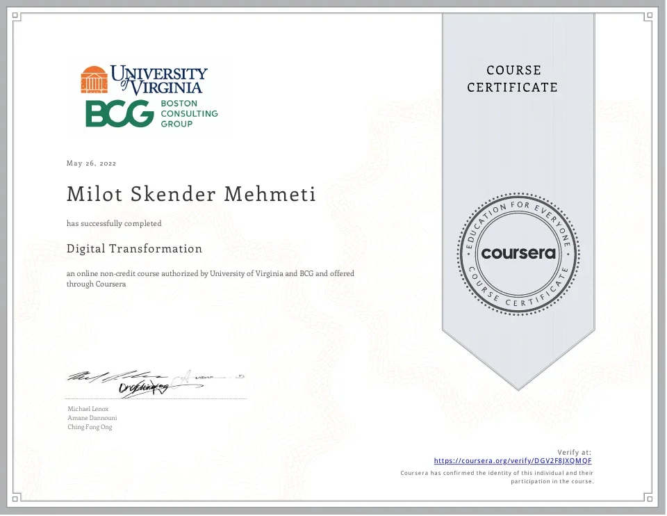 Original course certificate for Digital Transformation, awarded to Milot Skender Mehmeti