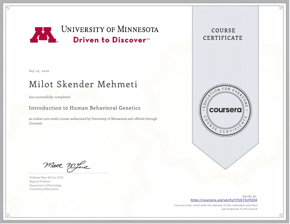 Original course certificate for Introduction to Human Behavioral Genetics, awarded to Milot Skender Mehmeti